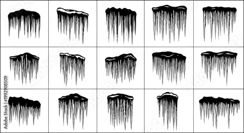 Collection of stylized black and white graphic brush strokes depicting icicles and frozen water drips isolated on a clean white background perfect for winter themes and design