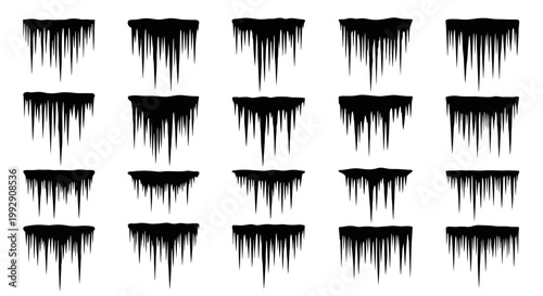 Collection of isolated black icicles and frosty snow edges on white background representing cold winter weather frozen elements and seasonal chill for design projects