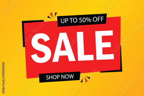 Vibrant sale banner with up to 50% off discount on yellow background