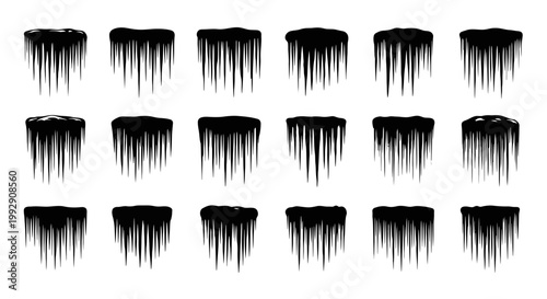 Collection of diverse black silhouette icicles hanging from a frozen surface isolated on a clean white background showcasing various shapes and lengths for winter design elements