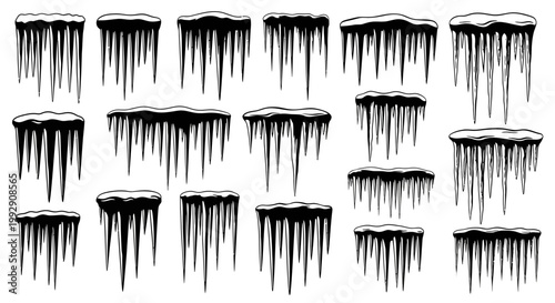Collection of diverse black and white graphic illustrations depicting various icicle formations with snow capped tops perfect for winter themed designs and seasonal decorations