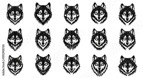 Diverse collection of stylized wolf heads in black and white vector art showcasing various expressions and fierce emotions perfect for graphic design and tattoo art projects