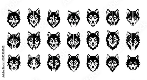 Collection of stylized wolf and husky dog heads in black and white vector graphics featuring fierce expressions and detailed features ideal for tattoos logos and emblems