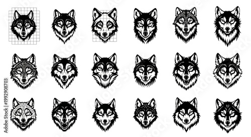 Collection of stylized wolf head illustrations in black and white featuring diverse artistic interpretations and geometric grid overlay for design reference isolated on white