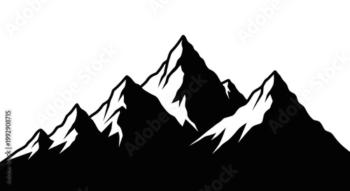Majestic mountain range silhouette against a stark white background featuring sharp peaks and deep shadows symbolizing rugged wilderness adventure and natural grandeur for graphic