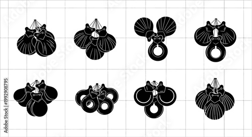 Collection of black and white graphic icons representing castanets a percussion instrument displayed in a grid pattern on a clean white background with subtle grey grid lines