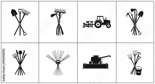 Collection of black silhouette icons representing agricultural tools farming equipment and machinery including tractors and harvesters for garden and field work concepts
