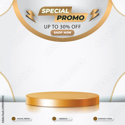 special promo sale discount social media template banner post with blank space 3d podium for product sale with abstract gradient white background design