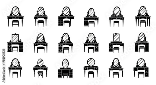 Collection of elegant vanity table silhouettes with mirrors and stools showcasing diverse designs for beauty and dressing room decor presented in a clean modern graphic style