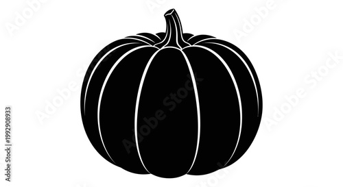 Bold black silhouette of a ripe pumpkin with distinct vertical ribs and a short stem isolated on a clean white background evoking autumn harvest and halloween themes