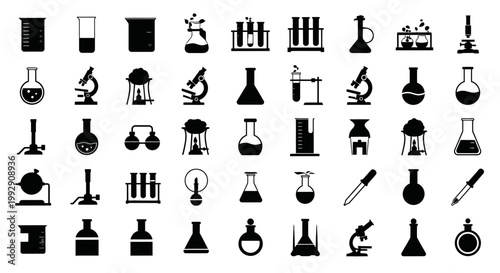 Collection of black science laboratory equipment icons and symbols representing research chemistry biology and medical discovery isolated on white background vector illustration