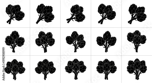 Collection of black silhouette artichoke icons and symbols representing fresh produce and healthy eating for culinary and agricultural concepts