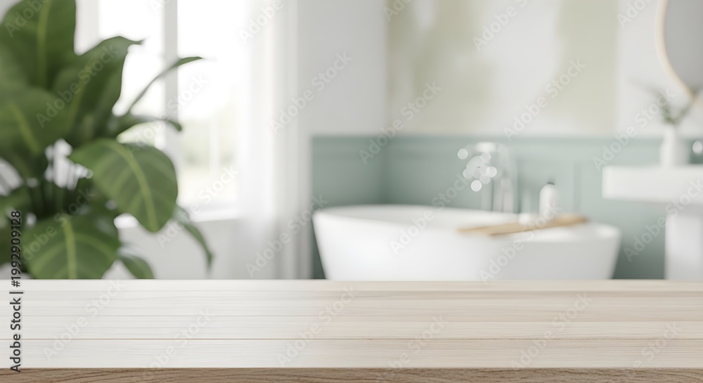 Fototapeta premium Bright and airy bathroom interior with modern fixtures and greenery