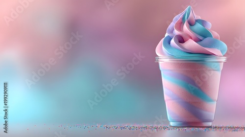 Colorful soft-serve dessert with pink and blue swirls