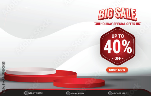 modern 3d big sale special offer discount sale template banner with blank space 3d podium for product sale with abstract gradient white and red background design