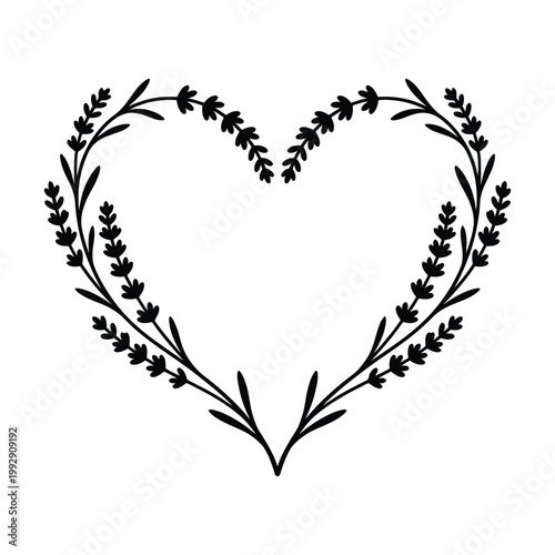 Lavender Heart Wreath Illustration: Minimalist Floral Frame in Black and White