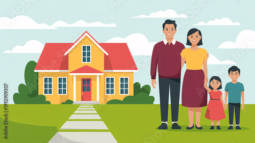 A happy family of four standing in front of their beautiful yellow house with a red roof on a sunny day.