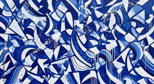 Dynamic Abstract Graffiti Wall Art with Blue and White Geometric Patterns.