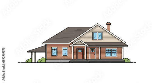 Modern Residential Suburban House Illustration with Brown Siding Porch and Chimney isolated on White Background