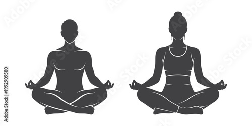 Two people sitting in lotus position isolated on white background