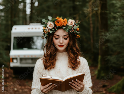 woman wearing a flower crown reads a book in a forest, with a camper van parked behind her.