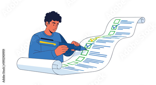 Vector illustration of man checking checklist, to do list, task list, daily planner, productivity concept