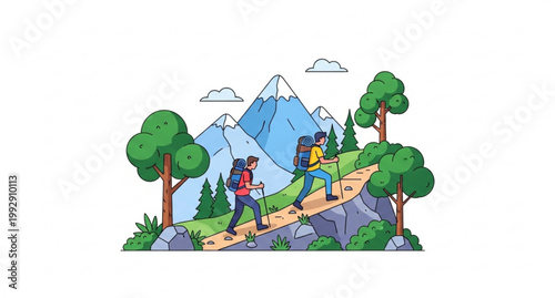 Hikers climbing mountain landscape with trees colorful outdoor adventure vector illustration