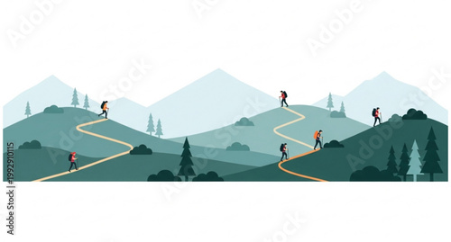 Mountain hiking scene with multiple hikers trees and trails flat colorful outdoor vector illustration