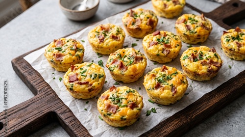 Homemade egg muffins with bacon and chives, savory breakfast protein bites on wooden board, keto friendly egg cups for meal prep isolated PNG with Transparent Background