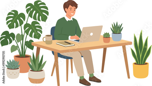 Man sitting at desk with laptop surrounded by potted plants working