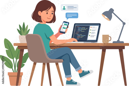 Woman sits at desk with laptop phone and lamp chatting online