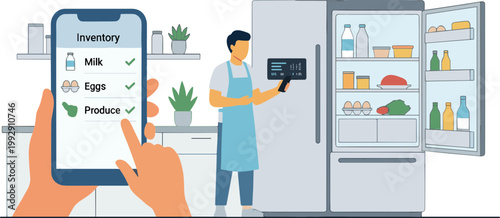 A person checks grocery inventory on a phone while a worker scans items in a kitchen with refrigerator.