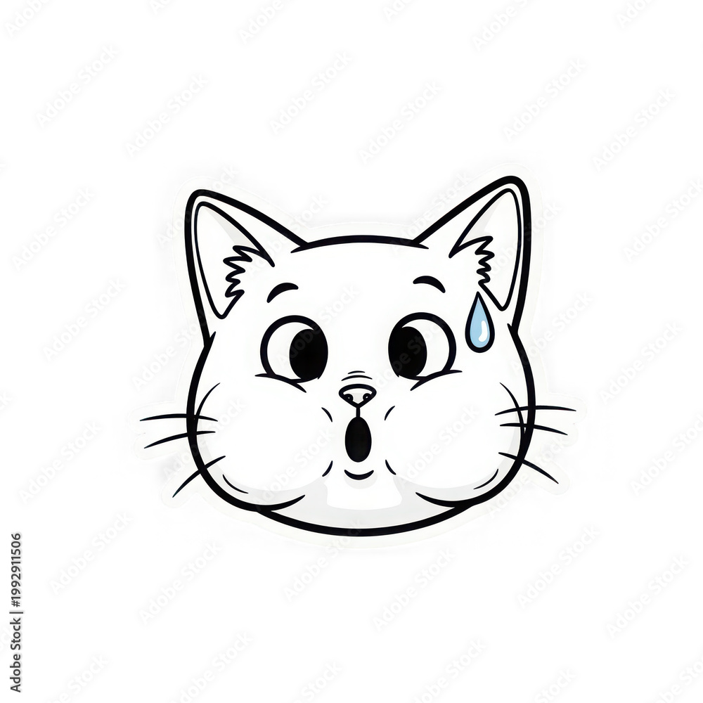 Fototapeta premium Scared white cat face with big eyes and sweat drop sticker.