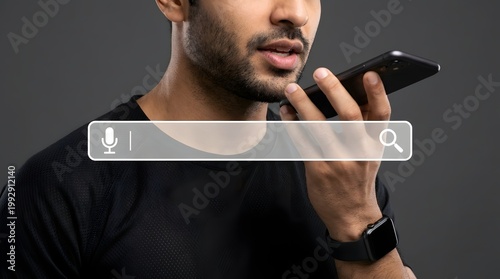 Man using his smartphone with a search bar overlay for voice search and online query