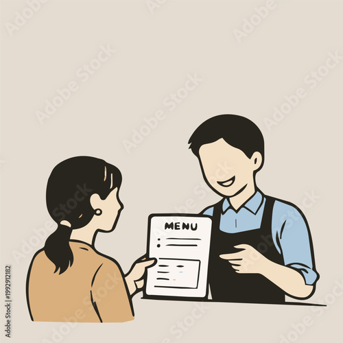 Minimal line illustration of cafe staff giving menu to customer isolated on white background