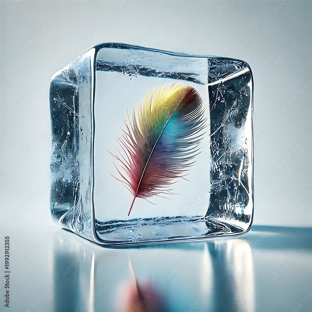 Fototapeta premium Vibrant rainbow feather encased in transparent ice cube on reflective surface