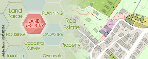 Land registry concept with an imaginary cadastral map of territory - Property Tax on buildings with land parcel and land registry document