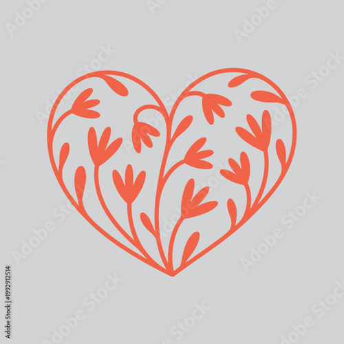 Orange floral heart outline on grey background with botanical, valentine