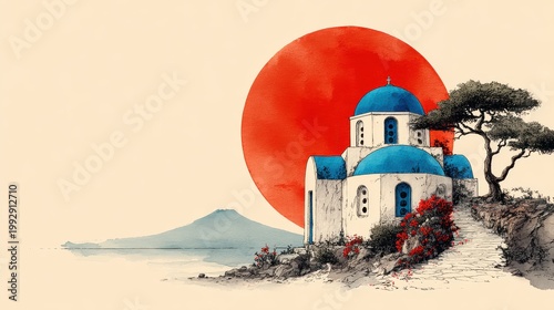 Japanese print style, watercolor. An isolated Greek Santorini blue-domed church on a cliff path with old pines and a distant mountain under a massive red sun