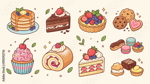 Kawaii Dessert Illustration Set of Cakes Pastries and Sweets