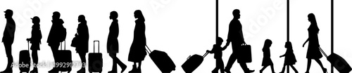Silhouettes of people with luggage at an airport terminal.