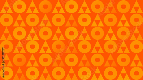 Orange geometric pattern with circles and triangles for backgrounds, textiles, packaging, or web design projects needing a vibrant touch.