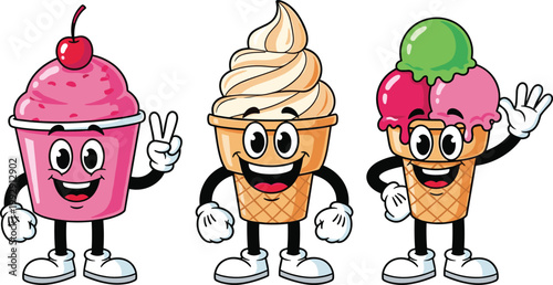 "Cartoon vector illustration set of anthropomorphic ice cream cup, soft-serve cone, and waffle cone characters with smiling faces for playful dessert branding projects"