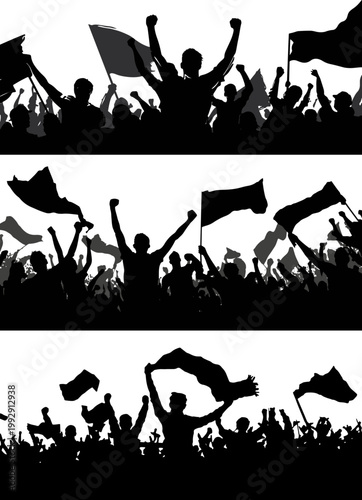 Crowd of soccer fans cheering with flags at a stadium event.