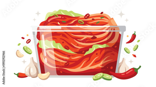 Flat Vector Illustration of Fresh Kimchi in Transparent Container with Vibrant Red Fermented Cabbage