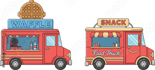 "Cartoon vector illustration of colorful waffle and snack food trucks with serving windows, signage, and decorations for street food branding projects" 