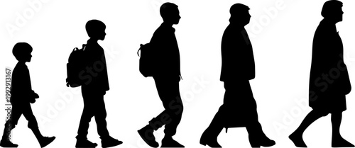 Silhouette of a man's life stages from childhood to old age