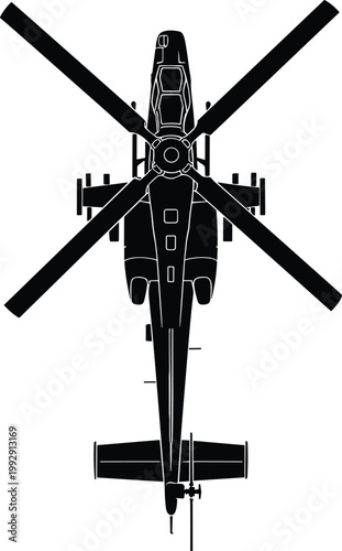 Helicopter silhouette top view illustration, military aviation aircraft design, rotor helicopter icon, black air vehicle isolated on white background