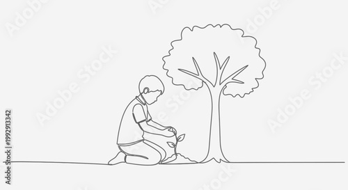 Boy planting a tree, single line drawing, environmental conservation, nature, sustainability