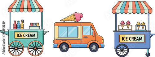 "Cartoon vector illustration set of colorful ice cream carts and trucks with striped canopies, cones, and decorations for dessert and street food branding projects"